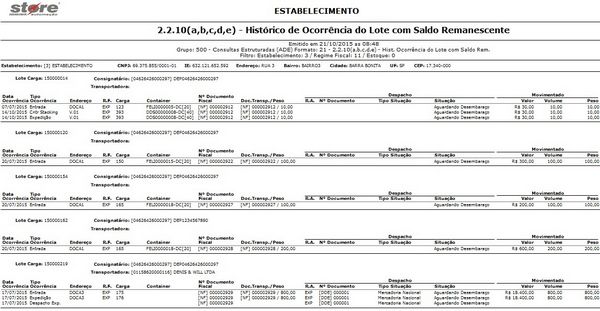 2.2.10(A,B,C,D,E) - HIST. OCORRÊNCIA DO LOTE COM SALDO REM. LAYOUT